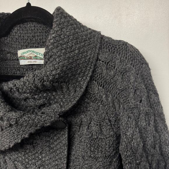 Aran Crafts Gray Thick Cable Knit Cardigan Sweater 100% Irish Wool Size Small - Picture 3 of 8